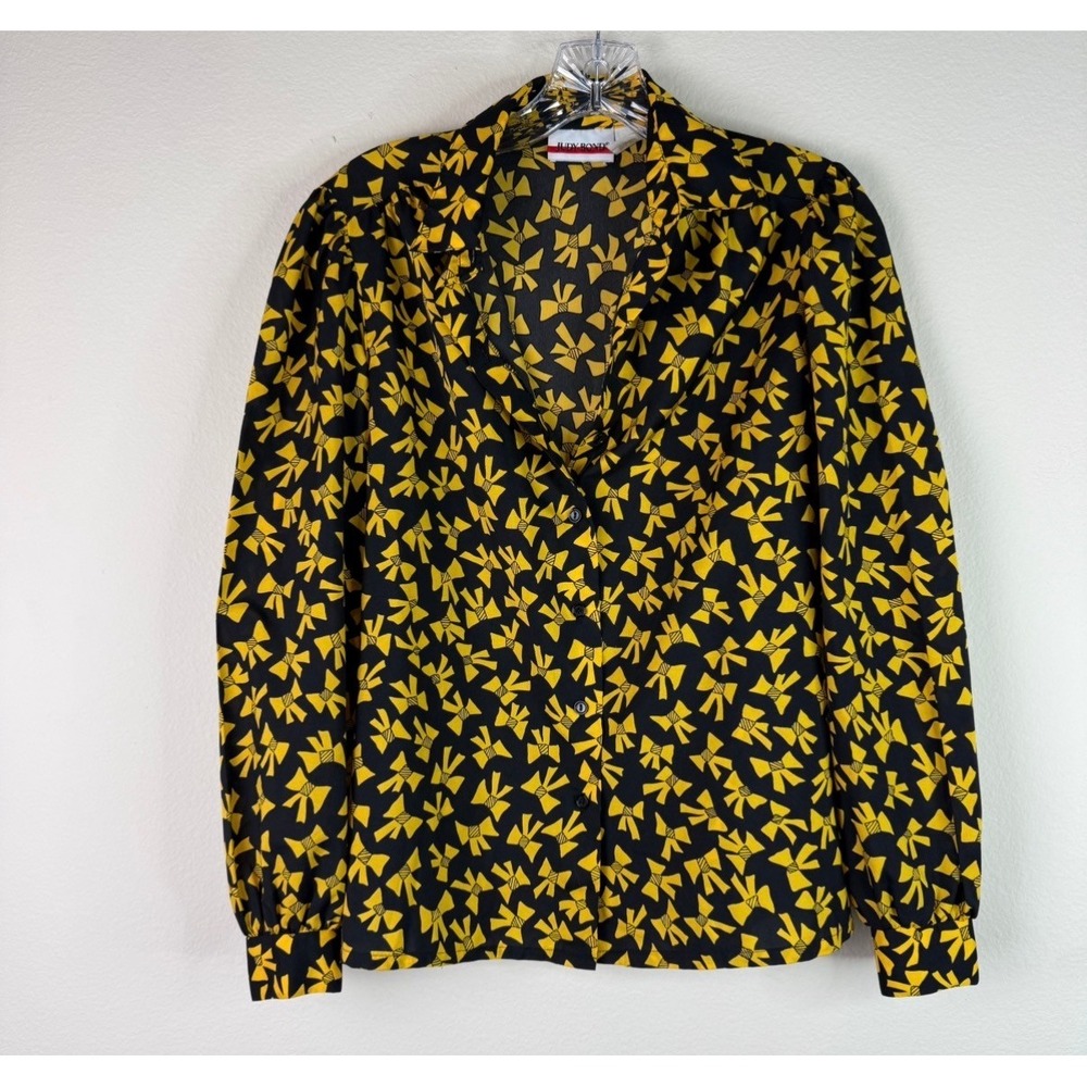 Judy Bond Blouse Womens 10 Yellow Black Bow Print Vintage Button Down Shirt Long